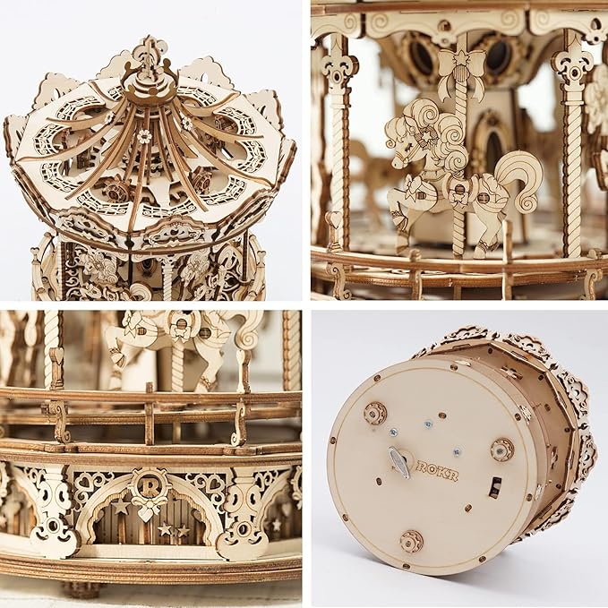 ROKR 3D Wooden Puzzles Music Box - DIY Model Building Kit Mechanical Merry-go-Round Exquisite Display Gifts for Teens Man/Woman Family