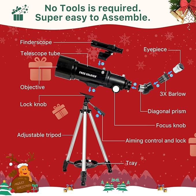 FREE SOLDIER Telescope for Kids 70mm Aperture Astronomical Refractor Telescopes for Beginners (16X-120X) 400mm Telescope for Adults High Powered with A Phone Adapter & A Wireless Remote (Black)