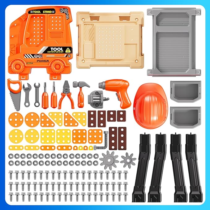 Kids Tool Bench Set, 142Pcs Toddler Tool Toy Playset with Electric Drill & Realistic Tools, STEM Building Pretend Play Construction Toys for Boys, Toddlers Toys Gifts for Ages 3 4 5 6 7 Year Olds