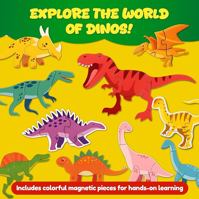 2 in 1 Dinosaur Magnetic Puzzle Board and Drawing Board for Toddlers, Montessori Quiet Travel Toy with 39 Puzzles & 2 Markers - Educational Writing Game for Preschoolers Kids Ages 3-8