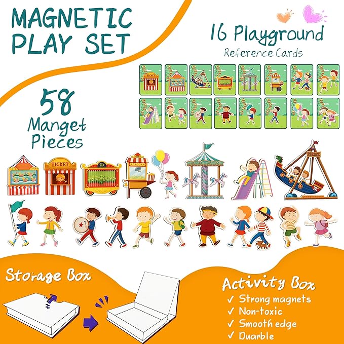 Magnet Toys Amusement Park Magnetic Jigsaw Puzzle for Toddlers, Montessori Quiet Travel Busy Book with 42 Magnets & 16 Activity Cards - Educational Carnival Airplane Toy Ages 3+