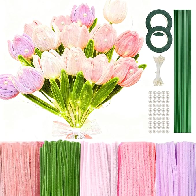 500 Pcs Pink Pipe Cleaners Craft for Flowers, Pastel Chenille Stems for DIY Art Projects Creative Gift(5 Colors), Pipe Cleaner Flower Kit with Floral Stems, Gardening Tape,Stamen& Pearls (Tulip)