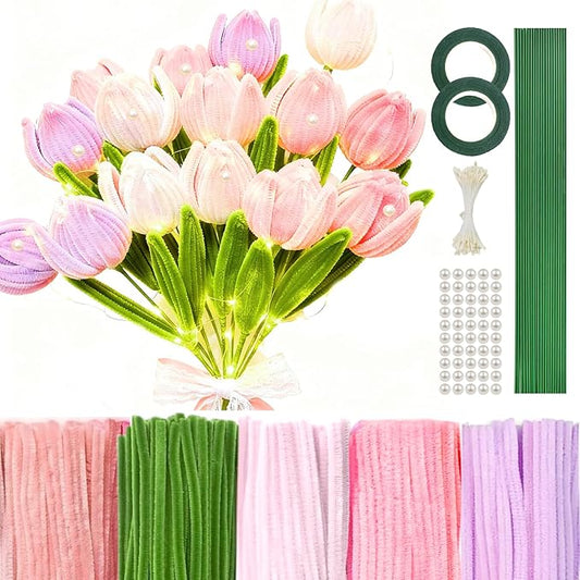 500 Pcs Pink Pipe Cleaners Craft for Flowers, Pastel Chenille Stems for DIY Art Projects Creative Gift(5 Colors), Pipe Cleaner Flower Kit with Floral Stems, Gardening Tape,Stamen& Pearls (Tulip)