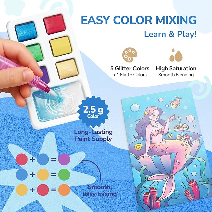 JoyCat 2 Pack Pocket Paint with Water Coloring Books for Kids, Art & Craft Activity Toy Set, Creative Travel & Home Painting Kit, Gifts for Girls & Boys Ages 3-8 (Ocean Princess & Animals)