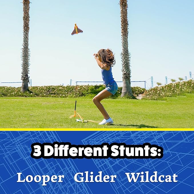 Stomp Rocket Stunt Plane Launcher Toy for Kids - 3 Foam Airplane Toy Soars Over 100 Feet - Unique Tricks & Adjustable Plane Rocket Launcher Stand - Fun Outdoor Toys & Gift for Boys or Girls
