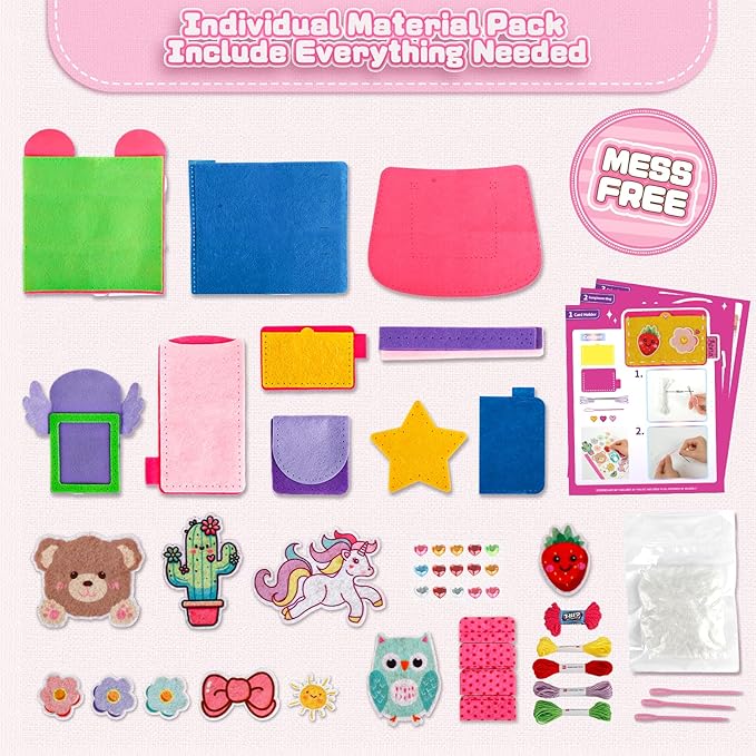 Sewing Kit for Kids Beginner, 10 Easy DIY Projects of Stuffed Animal Dolls & Purse Handbags, Learn to Sew with Felt Embroidery Craft, Arts & Crafts Gift for Girls & Boys Ages 6-12