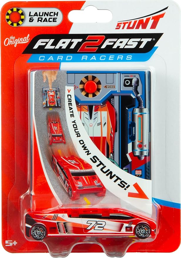 FLAT 2 FAST Original Stunt Card Racer – Flat Car Racer and Pocket Size Racecar Launcher with Built-in Button for Stunt Launching and Racing – Compact – Crimson Red