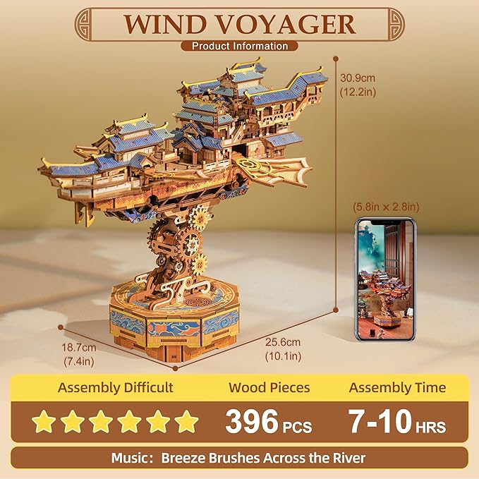 Tonecheer 3D Wooden Puzzle for Adults, DIY Japanese Wooden Ship Model Kit with Music, Orien Airship Vintage Movable Building Kit Best Gift Ideas for Boys and Men - Wind Voyager