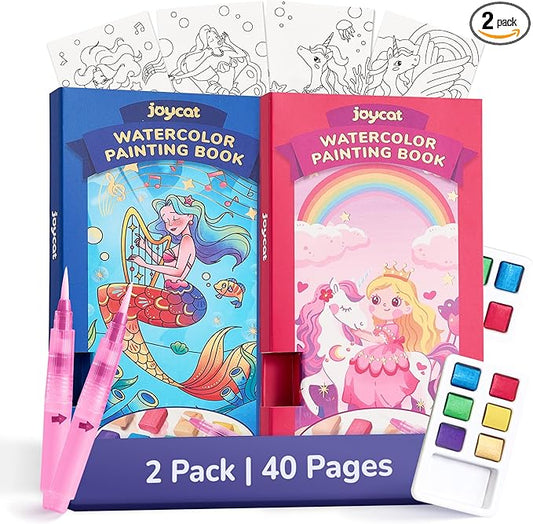 JoyCat 2 Pack Pocket Paint with Water Coloring Books for Kids, Art & Craft Activity Toy Set, Creative Travel & Home Painting Kit, Gifts for Girls & Boys Ages 3-8 (Magical Pony & Ocean Princess)