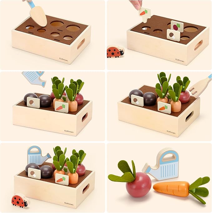 Wooden Play Food Set for Kids Kitchen Accessories, Montessori Gardening Playset for Kids Pretend Play Food, Plant & Harvest Toy Kit, Educational Toy Gift for 3 4 5 6 7 Years Old Boys Girls