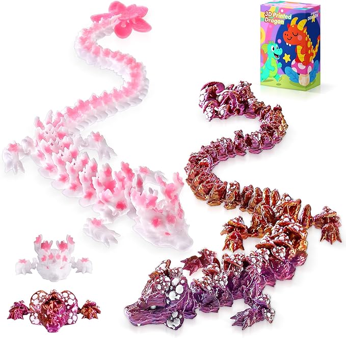 3D Printed Dragon Cherry Blossom and Mushroom Dragons, Articulated Pink Fidget Toys for Autism and ADHD, Perfect Basket Essentials Stuffers and Desk Accessories for Home