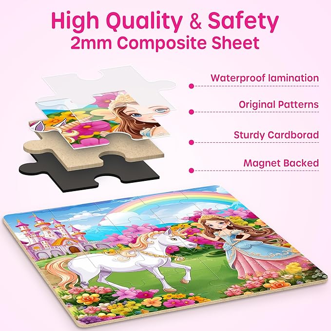 SYNARRY Unicorn Princess Fairy Magnetic Puzzles for Toddlers 3-5 Girls, 20 Pieces Travel Puzzles for Kids Ages 4-6, Car Airplane Road Trip Activities Games Toys for 3 4 5 Year Old Girls Birthday Gifts