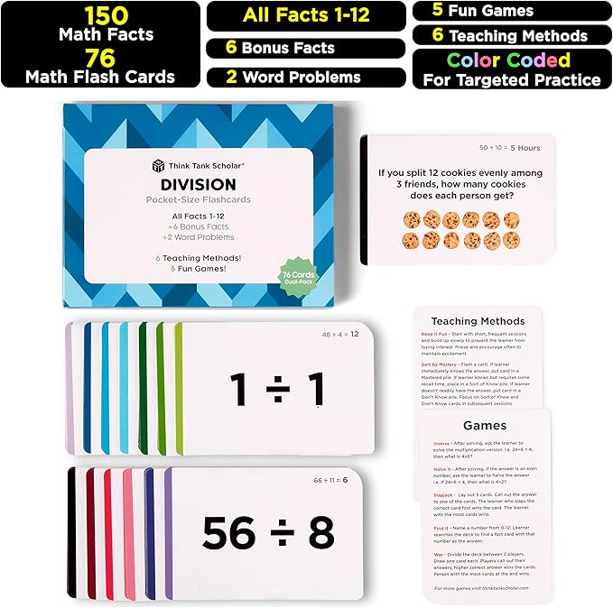 Think Tank Scholar Division Flash Cards - 300 Facts 1-12 - (Award Winning) Flashcards for Kids in 3rd, 4th, 5th, 6th Grade, Homeschool or Classroom - 6 Math Teaching Methods & 5 Games - Ages 8 and Up