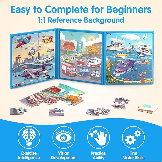 SYNARRY Air Land Water Transport Magnetic Puzzles for Toddlers 3-5, 20 Pieces Travel Puzzles for Kids Ages 4-6, Car Airplane Road Trip Activities Toys for 3 4 5 6 Year Old Boys Girls Birthday Gifts
