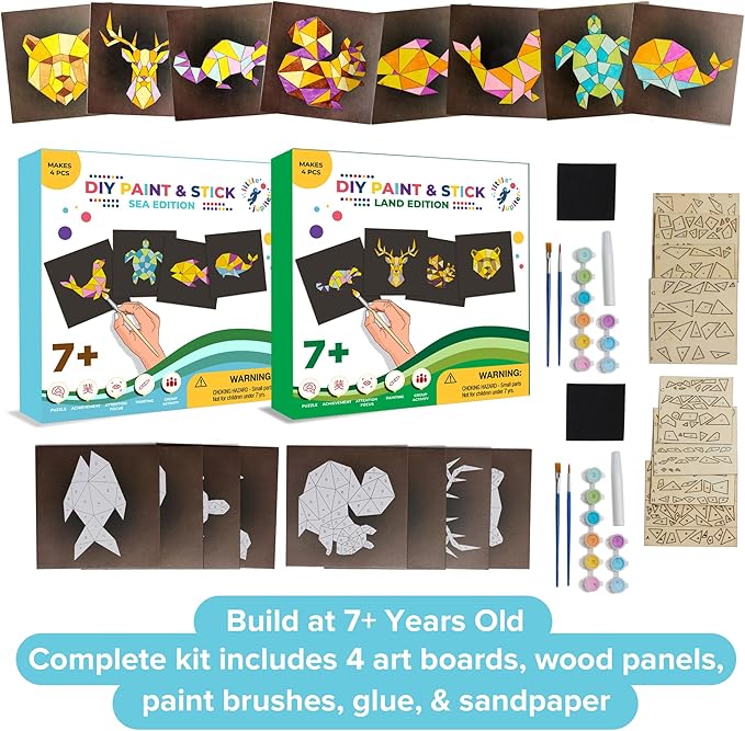 Little Jupiter Paint & Stick (Land & Sea) - Makes 4pcs - Mosaic Art - Wood Painting Crafts for Ages 7-12 Yrs - DIY Kids Crafts Kits - Paint by Numbers Kit - Mosaic Crafts