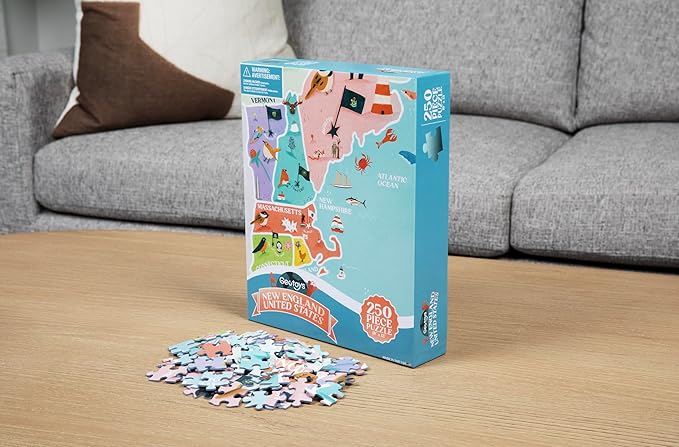 Geotoys New England Region Jigsaw Puzzle - 250 Piece Puzzles for 8 Year Olds - Jigsaw Puzzles for Kids Ages 8-12 Years Old - Kids Puzzle Games with Colorful Landmarks