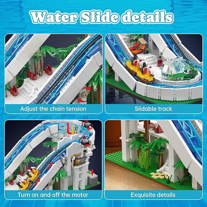 Sosuy Water Slide Building Blocks Sets, 2088+ Pcs Motorized Aqua Coaster Model with Ride Cars Tropical Theme, Toy for Boy Teens Adults, for Adult Kids Boys Girls 8+