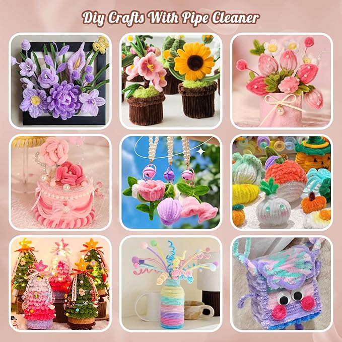 500 Pcs Pipe Cleaners Craft for Flowers, Pastel Chenille Stems for DIY Art Projects Creative Gift(6 Colors), Pipe Cleaner Flower Kit with Floral Stems, Gardening Tape,Stamen& Pearls (Brown Boho)