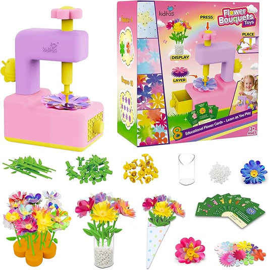 Kiditos DIY Flower Maker Toy Kit – Fabric Flower Bouquet Machine with Accessories, Creative Arts & Crafts Activity Set – Birthday Present, Party Favor & Christmas 2025 Holiday Gift for Kids Ages 3+