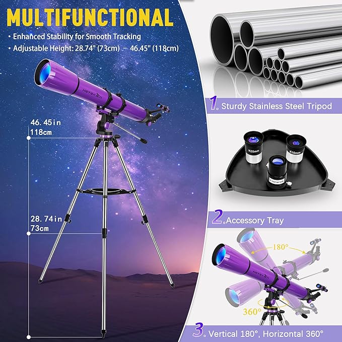Telescope, Telescope for Adults High Powered, 90mm Aperture 1000mm Astronomical Refractor Telescopes for Beginners, Magnification 500X, with Three Eyepieces, Phone Adapter & Carrying Bag