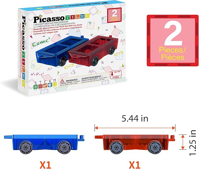 PicassoTiles 2 Piece Car Mini Truck Construction Kit Toy Set Vehicle for Magnetic Blocks Building Tile Sensory Magnet Toys Bricks STEM & Learning Educational School Puzzle Girls Boys Toddlers Ages 3+