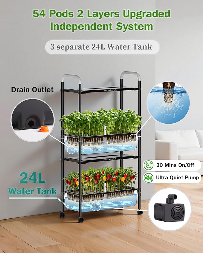 Large Hydroponics Growing System Kit, Vertical Indoor Herb Garden Kit with LED Grow Light & Independent Water Pump, 28L Movable Indoor Planter Perfect Gardening Gifts (2 Tier-54 Pods Black)