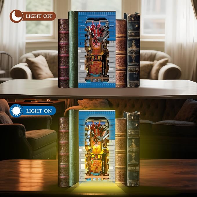Reobrix Shire Booknook Building Set with Light, H.obbit-Themed DIY Bookend Building Block Kit for Adults, Medieval Dragon Book Nook 3398PCS, Bookshelf Home Decor for Kids Boys Girls Age 14+