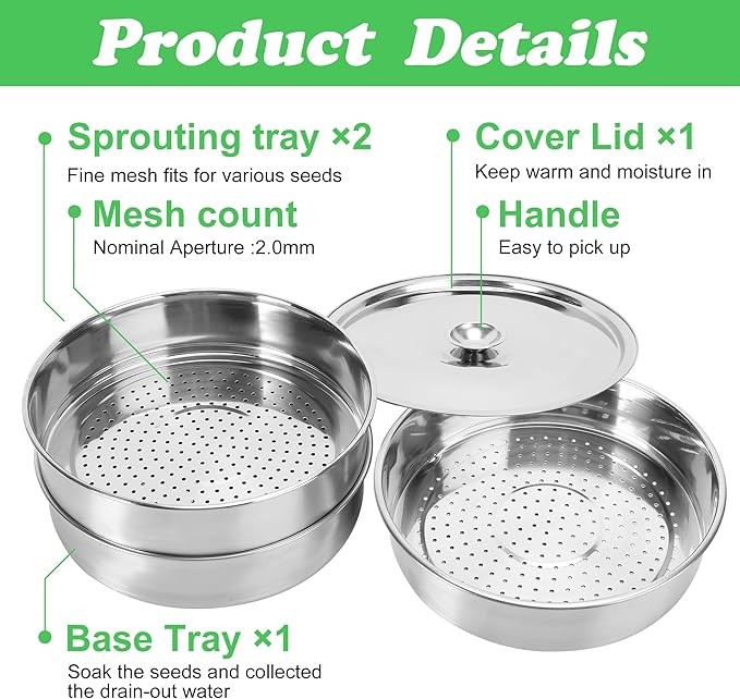 EBaokuup 3-Tier Stainless Steel Seed Sprouting Tray Kit-5.4" x 8.3" Stackable Seed Sprouting Kit with Drain Holes-Seed Sprouting Germination Tray for Growing Broccoli Alfalfa Mung Beans