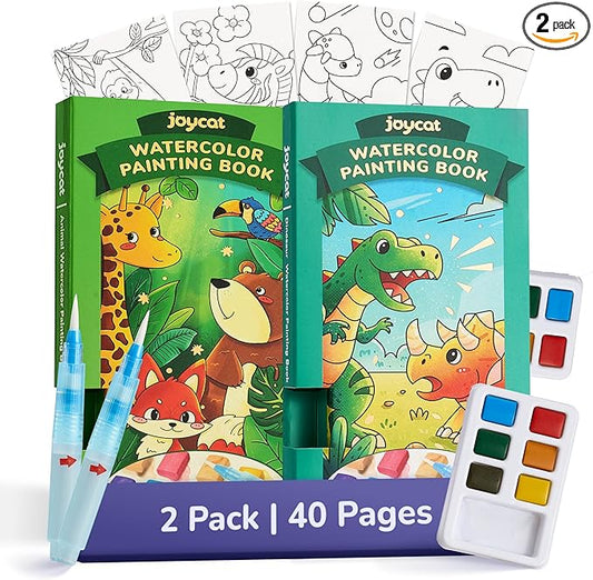 JoyCat 2 Pack Pocket Paint with Water Coloring Books for Kids, Art & Craft Activity Toy Set, Creative Travel & Home Painting Kit, Gifts for Girls & Boys Ages 3-8 (Animals & Dinosaurs)