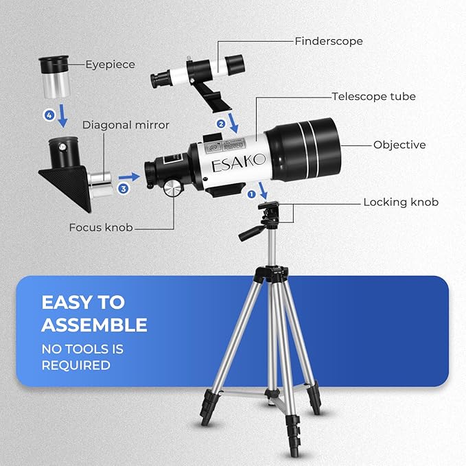 ESAKO Telescope for Kids & Beginners, 70mm Aperture Portable Telescopes with 3 Eyepieces, Height Adjustable Tripod & Phone Adapter & Remote Control Gift for Christmas