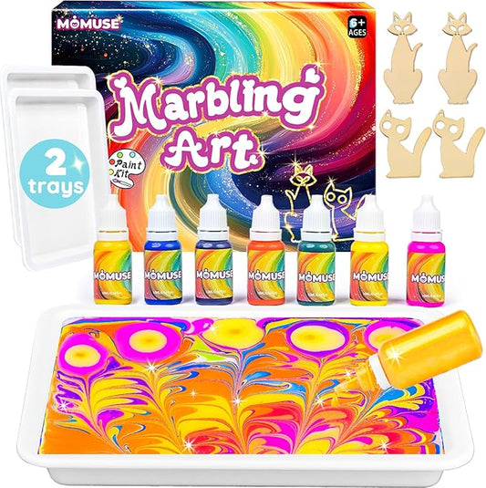 MOMUSE Marbling Paint Art Kit for Kids with Dual Trays, Passed Toxicology, Metallic Gold Water Marble Painting Kit, Creative Arts Crafts Kits for Kids Girls & Boys Ages 6 7 8 9 10, Birthday Gifts