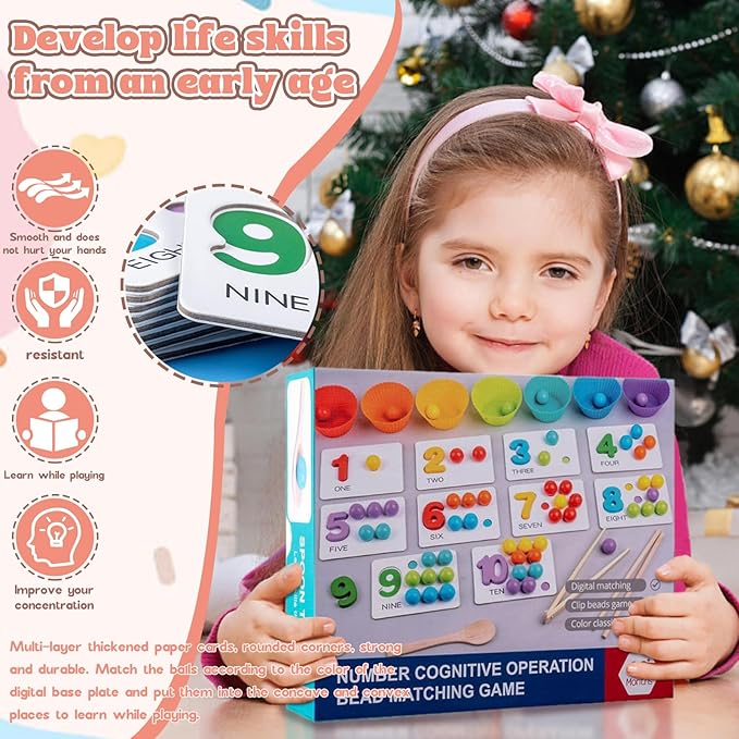 Montessori Arithmetic Math Toy Set, Montessori Arithmetic Kit, Silicone Number Learning with Beads, Number Cognitive Clip Bead Matching Gamefor Early Childhood Educational Activities (1Set)