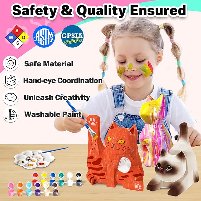 FUNZBO 3pcs Paint Your Own Cat Lamp Kit - Arts and Crafts Supplies Kitten Painting Kits for Kid Teen, DIY Night Light Toy for Toddlers Girl Boy Age 3 4 5 6 7 8 9 10 11 12 13 Christmas Birthday Gifts
