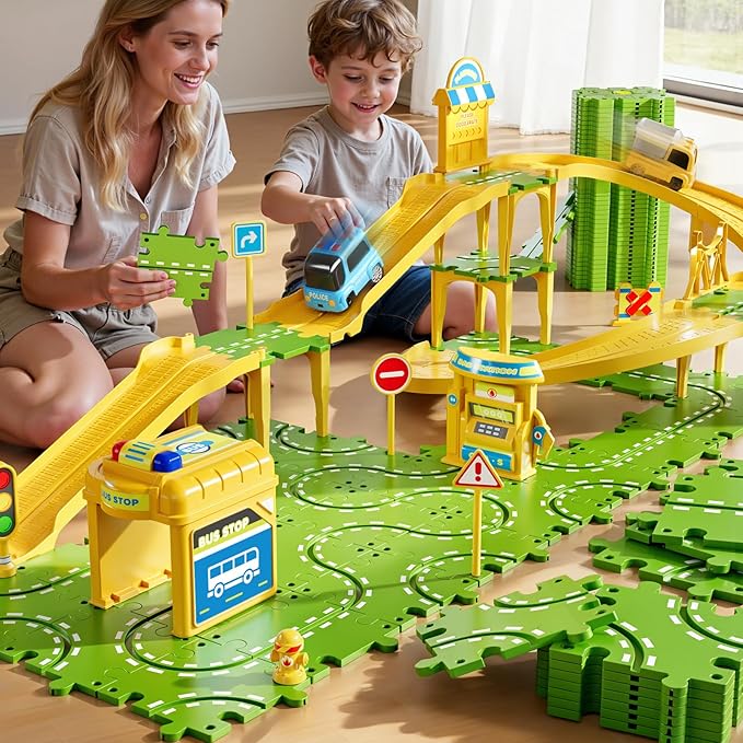 3-Tier Large Puzzle Race Car Track Set for Kids 3-5, Puzzle Tracks Car Play Set, Race Tracks Toys for Toddler Boys 3 4 5 6 Year Old, Birthday Gifts for Kids 3 4 5 6 7 8 Year Old Boys Girls