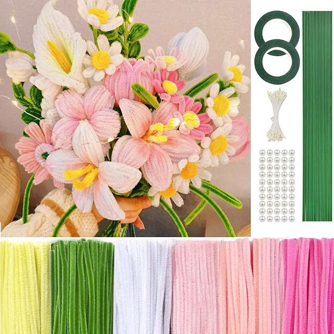 500 Pcs Pink Pipe Cleaners Craft for Flowers, Pastel Chenille Stems for DIY Art Projects Creative Gift(5 Colors), Pipe Cleaner Flower Kit with Floral Stems, Gardening Tape,Stamen& Pearls (Pink Flower)