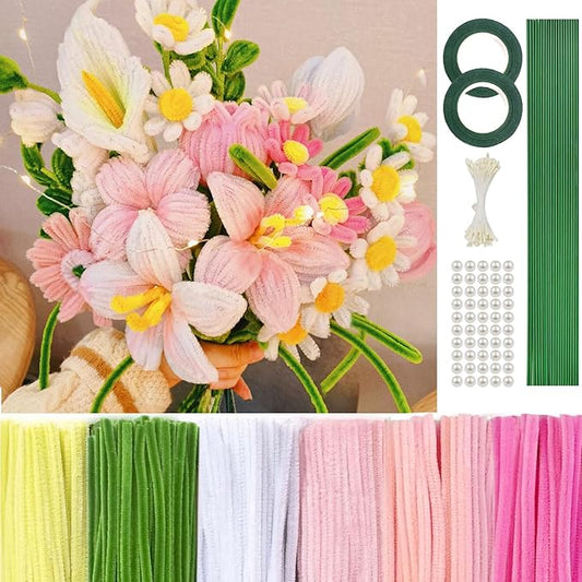 500 Pcs Pink Pipe Cleaners Craft for Flowers, Pastel Chenille Stems for DIY Art Projects Creative Gift(5 Colors), Pipe Cleaner Flower Kit with Floral Stems, Gardening Tape,Stamen& Pearls (Pink Flower)