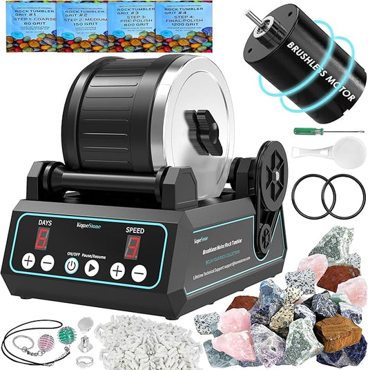 K1 Pro Professional Cutting-Edge Brushless Motor Advanced Rock Tumbler Polisher Kit, Large 2.5Lb Barrel with 3-Speed & 9-Day Timer, Includes All Accessories, Ideal Gift for Adults & Collectors