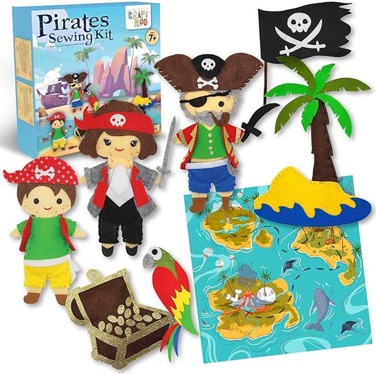 Pirates Pre-Cut Fun Kids Sewing Kit for Kids Ages 8-12 Children Beginners Sewing kit Kid Crafts Make Your Own Felt Pillow Plush Craft Kit Girls and Boys Art Craft Kits Learn to Sew Kit
