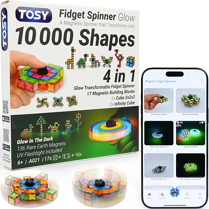 TOSY Magnet Fidget Spinner Glow - 16 Blocks, 3in1 Toy: Transformable Fidget Spinner, Infinity/Puzzle Cube, Glowing, Christmas Stocking Stuffers Gift for Kids/Adults, STEM Sensory Stress Relief