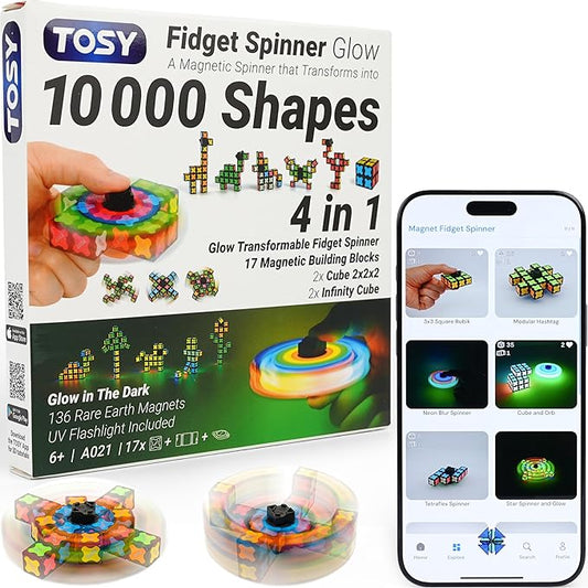 TOSY Magnet Fidget Spinner Glow - 16 Blocks, 3in1 Toy: Transformable Fidget Spinner, Infinity/Puzzle Cube, Glowing, Christmas Stocking Stuffers Gift for Kids/Adults, STEM Sensory Stress Relief
