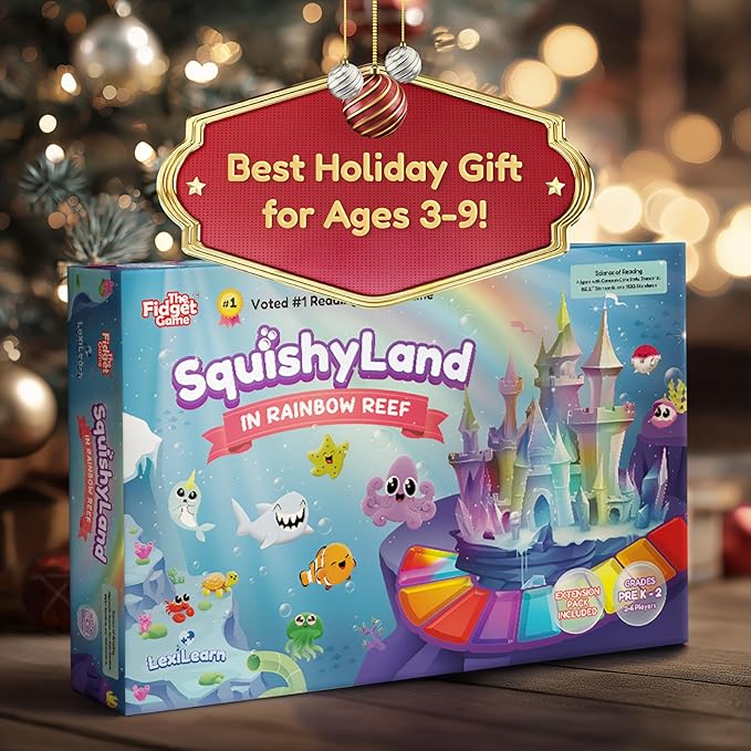 The Fidget Game SquishyLand in Rainbow Reef - Educational & Phonics Learning Activities for Children in Pre-K to 2nd Grade - Mochi Squishy Toys Set with Board Game (2-6 Players) & Card Packs Included