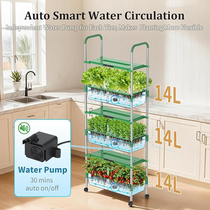 Hydroponics Growing System Kit, 81 Pods Vertical Indoor Herb Garden with Smart LED Grow Light, Auto Circulating Water Pump Each Tier, 42L Hydroponic Gardening Systems for Ideal Gifts (Green)