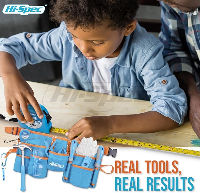 Hi-Spec 16pc Kids Tool Set with Tool Belt – Real Child-Sized Tool Kit for Boys & Girls, DIY Building, Hand Tools, Woodworking, Carpentry, STEM Learning, Construction Play Set – Blue