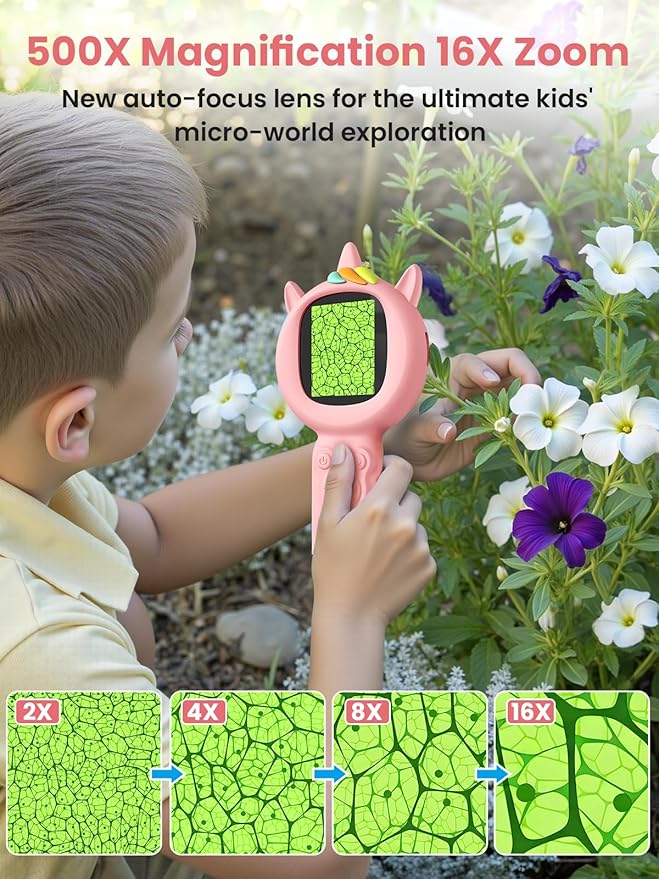 Microscope for Kids, Auto-Focus Handheld Digital Microscopes with 2.0" Screen, 8 LEDs Rechargeable Pocket Mini Microscope Christmas Gifts Educational Science Toys for Ages 5 6 7 8 9 10 11 12