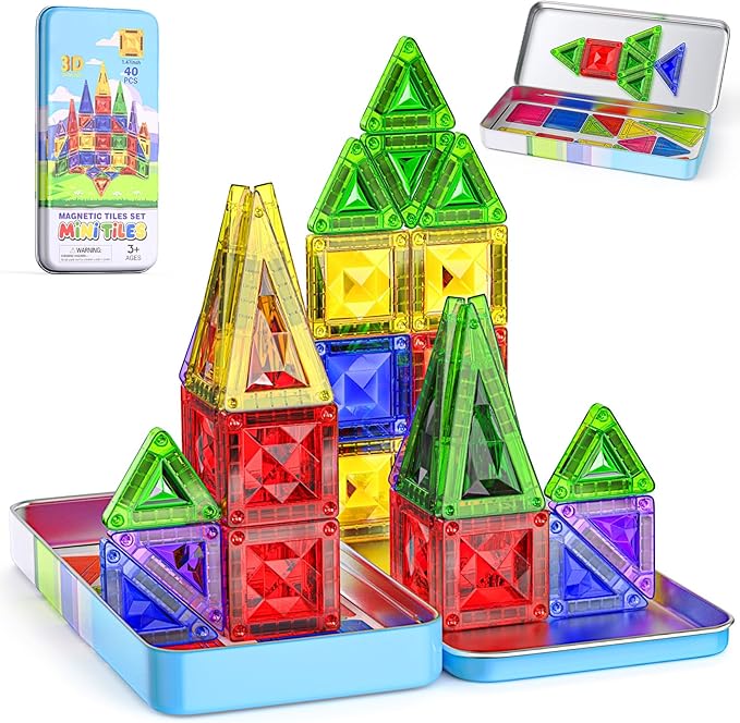 Sparkling Diamond Mini Magnetic Tiles, 40PCS Travel Magnetic Tiles with Metal Case, Portable On-The-Go Magnet Tiles, STEM Educational Construction Set Travel Toys for Kids, Boys and Girls Ages 3+