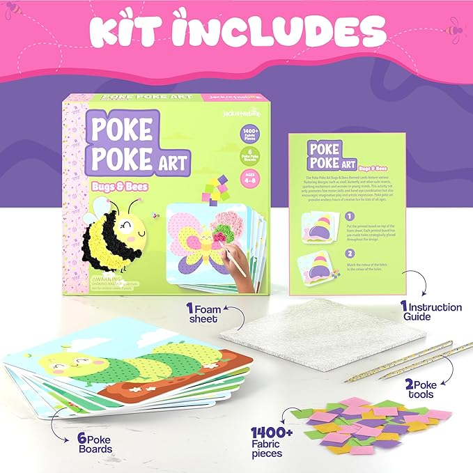 jackinthebox Poke Poke Art – Bugs Theme, Mess-Free Fabric Art and Craft, Flower Pressing Kits, Gift for Kids, Toys for Girls and Boys Ages 4 5 6 7 8