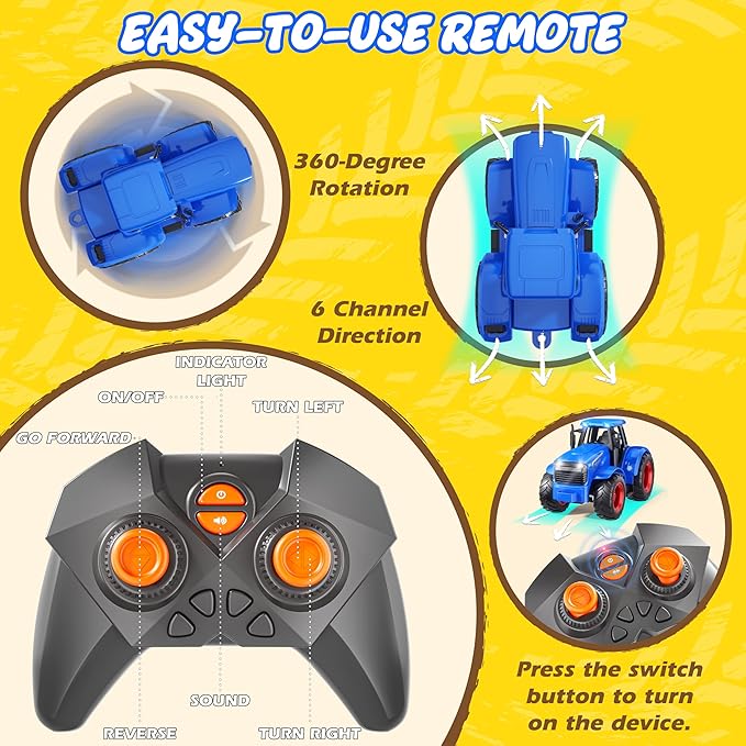 Funwee RC Tractor Toy Set with Light & Sound, Kids Farm Car Animal Trailer Wheels Remote Truck, Outdoor Vehicle Toys Birthday Gift Idea for 3 4 5 6 7+ Years Old Toddler Boys and Girls(Blue)
