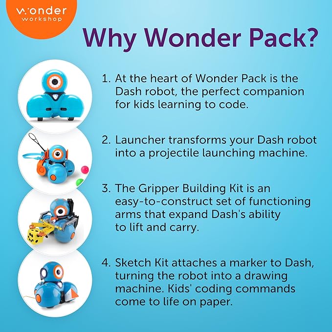 Wonder Workshop Dash Robot Wonder Pack – Coding Educational Bundle for Kids 6+ – Free STEM Apps with Instructional Videos - Launcher Toy, Sketch Kit Drawing, Gripper Building