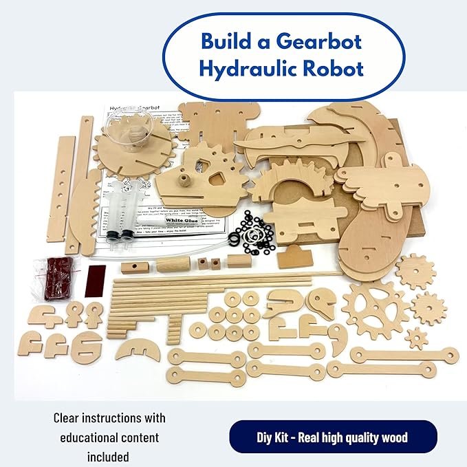 Pathfinders Stem kit- Hydraulic Gearbot – Wooden STEM Building Kit for Kids 8+ | Build-It-Yourself Hydraulic Robot with Gears & Launcher | Educational Engineering Toy & Gift for Boys and Girls