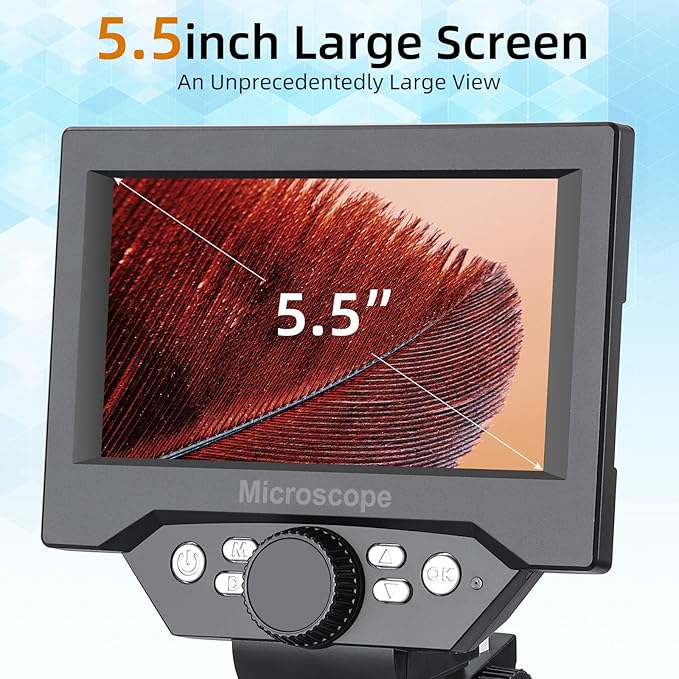 Koolertron 5.5 inch LCD Digital Microscope, 8MP 1-1000X Magnification, 8 LED Lights, Rechargeable Battery, Video Recording for Circuit Board Repair, PCB Inspection, Coin, and More